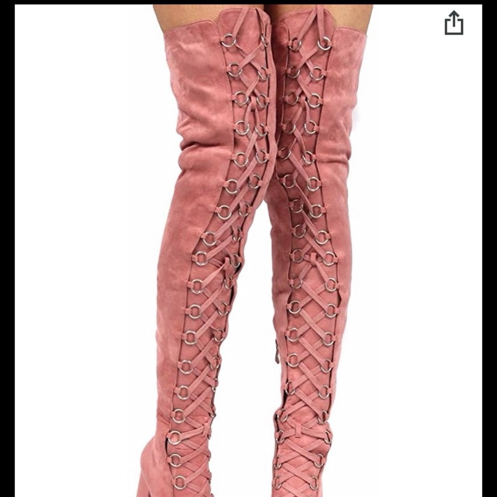 Thigh HighLace Up Boots- Lite Pink; faux suede